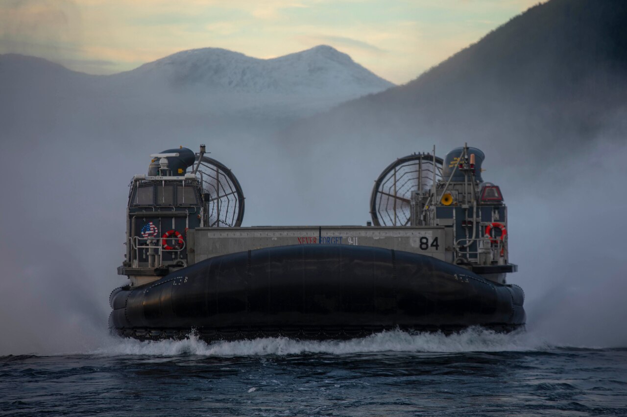Landing craft sails through the waters of the Norwegian Sea.