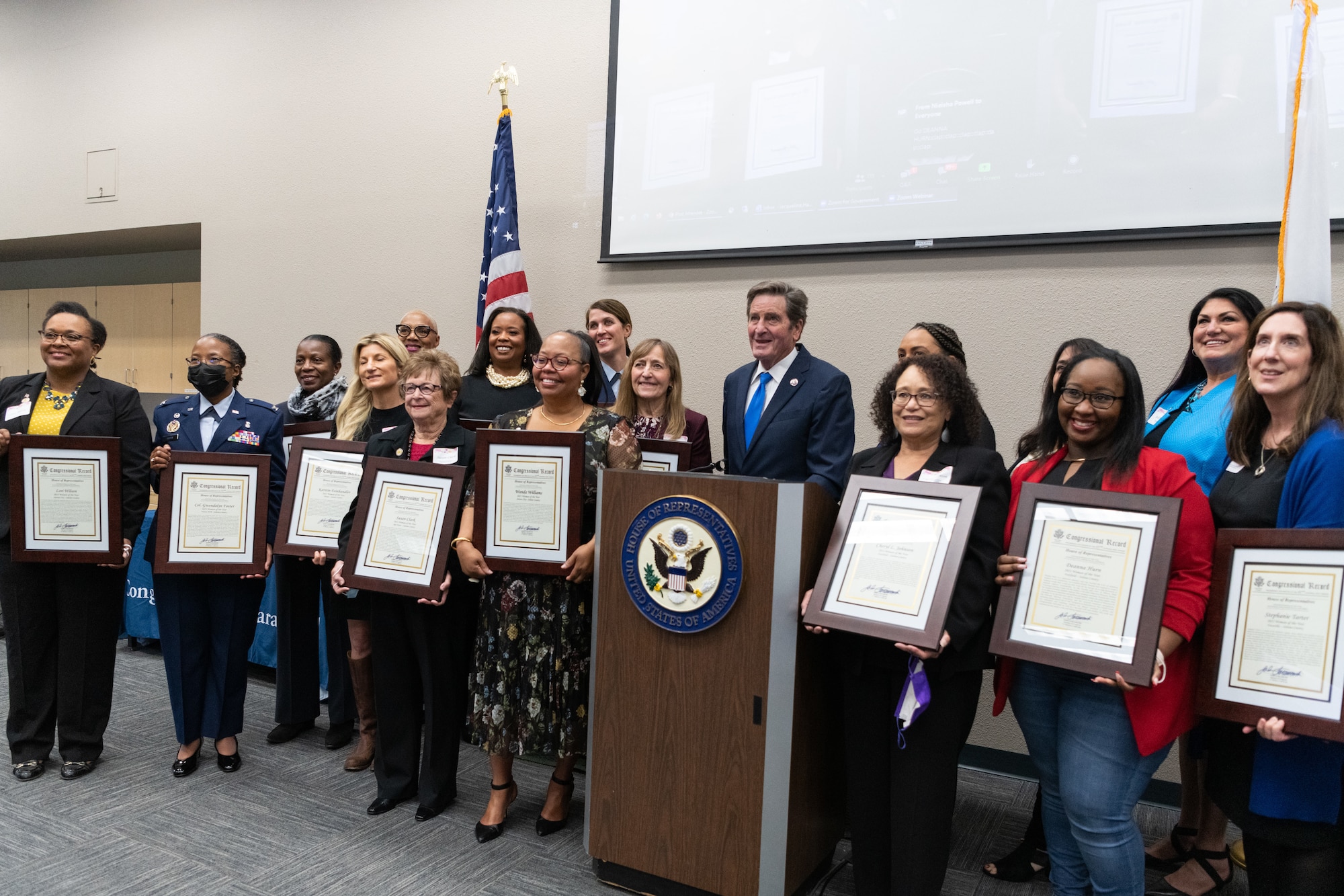 Awardees of the California’s 3rd Congressional District’s “Women of the Year” award pose for photos with Congressman John Garamendi, Nov. 9, 2021, at the Woodland Community College. Among the winners of this award was Col. Gwendolyn Foster, 60th Medical Group commander receives  and Col. Erin Cook, 349th Maintenance Group commander here at Travis Air Force Base, California. (U.S. Air Force Photo by Grant Okubo)