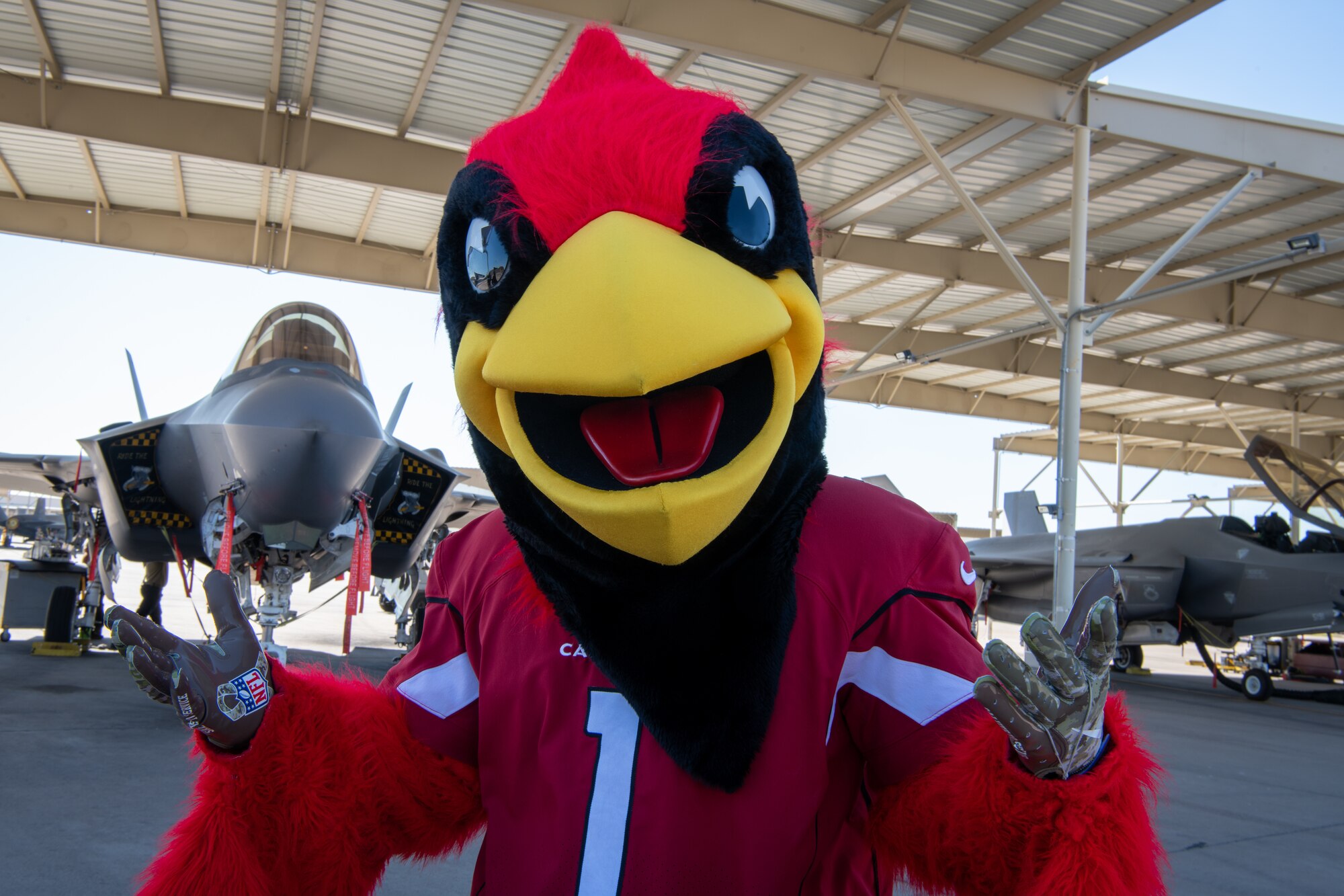 Arizona Cardinals mascot “Big Red” poses for a photo in front of an F-35A Lightning II during a visit Nov. 4, 2021, at Luke Air Force Base, Arizona.