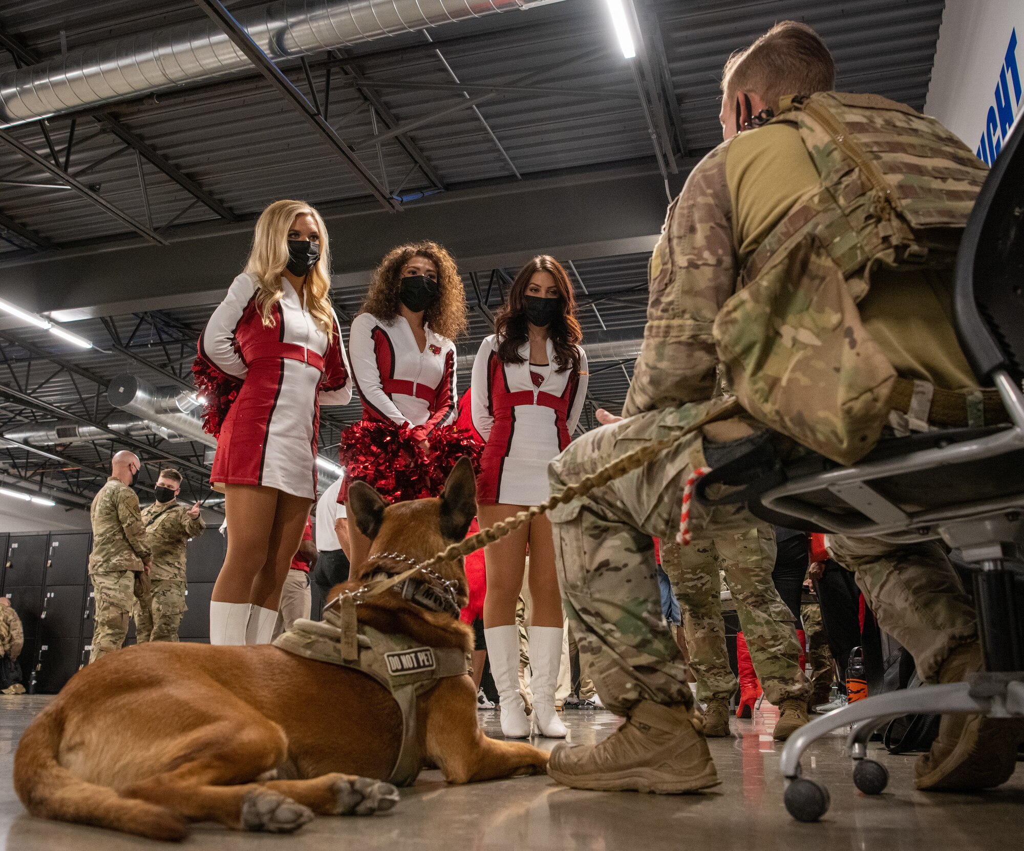 Senior Airmen Noah Hill, 56th Security Forces Squadron military working dog handler, and Enzo, 56th SFS MWD, greet Arizona Cardinals cheerleaders Nov. 4, 2021, at Luke Air Force Base, Arizona.