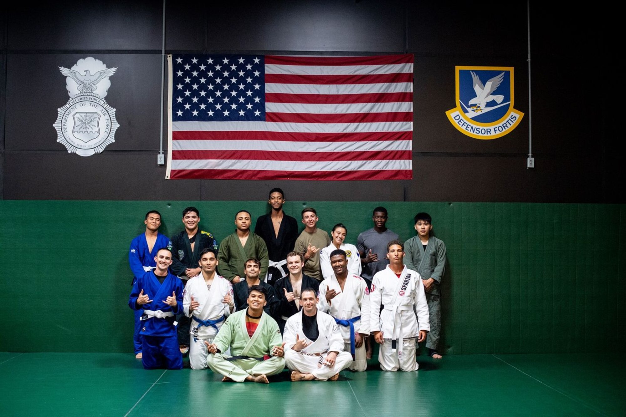 Master Sergeant Christopher Costa, 607th Air Support Operations Group section chief, leads a Brazilian Jui Jitsu class at Osan Air Base, Republic of Korea. The class is designed to develop and equip participants of all ranks and backgrounds with the necessary tools to develop physically and mentally.