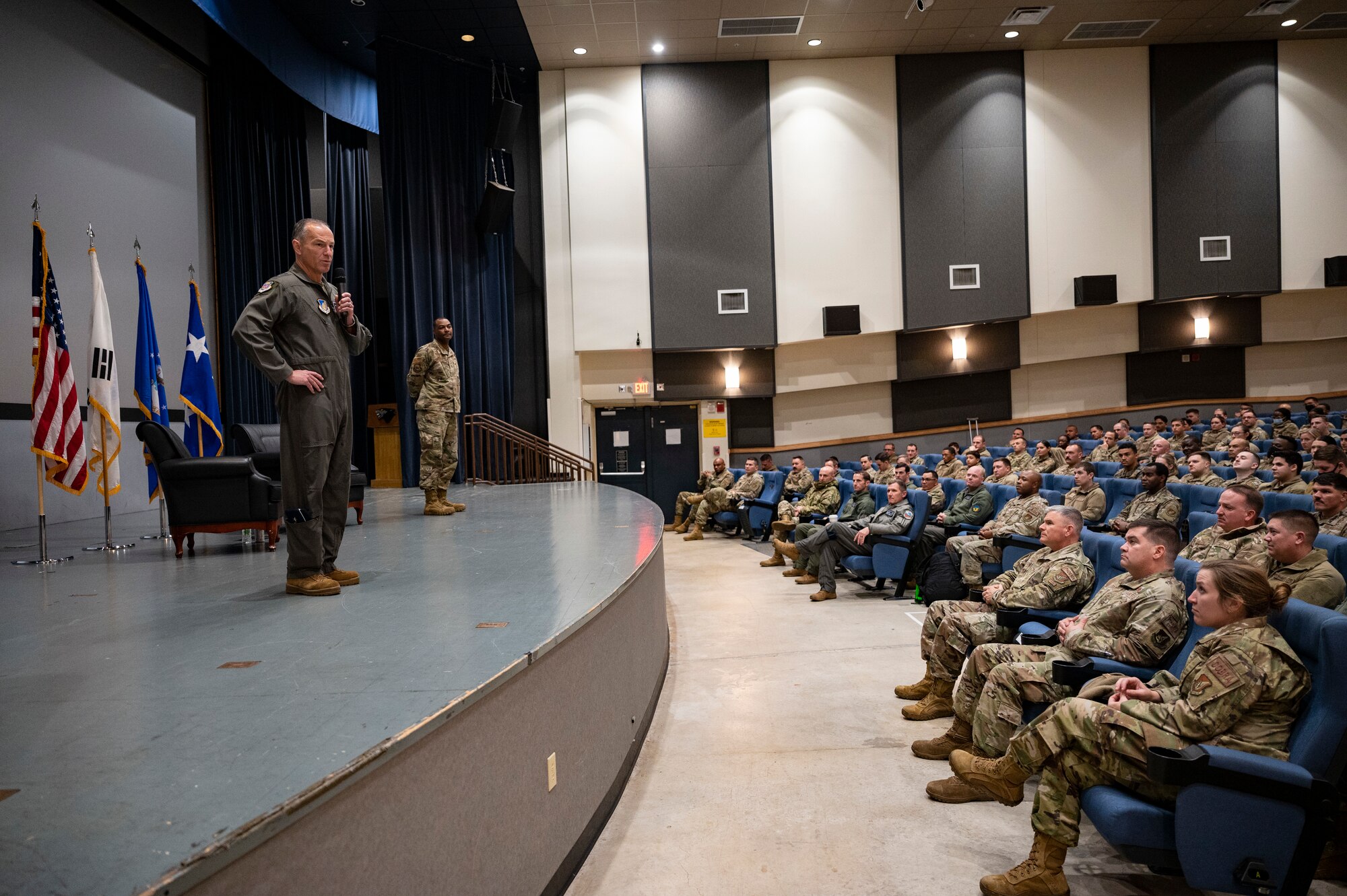 Lt. Gen. Scott Pleus, Seventh Air Force commander, and Chief Master Sgt. Alvin Dyer, Seventh Air Force command chief, conduct a wing all call, at Kunsan Air Base, Republic of Korea, Nov. 10, 2021.