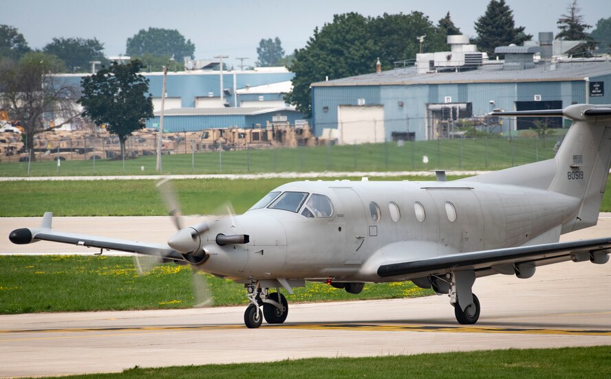 A U-28 Draco assigned to Air Force Special Operations Command lands after completing a personnel recovery demonstration at Wittman Regional Airport, Wis., July 29, 2021. AFSOC brought a multitude of aircraft to EAA AirVenutre Oshkosh 21 to showcase capabilities of airpower through aerial demonstration and static displays. (U.S. Air Force photo by Senior Airman Mahoney)
