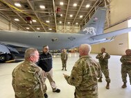 The Alaska Air National Guard's 168th Wing received a visit from the Fairbanks Mayor Jim Matherly as he thanked them for their service and saw the Fairbanks new tail flash on the Wing's KC-135 air refueling flagship aircraft for the first time. Matherly is born and raised in Fairbanks and wanted to stop in and thank the Airmen for their service as events occur around the world. This past December, the 168th Wing dedicated their flagship to honor Fairbanks, Alaska, the city it calls home, with the polar bear and Fairbanks proudly displayed on the tail. Matherly was unable to recognize the Wing's new tail flash, and the Airmen dedicated to the community, state, and nation due to COVID restrictions at the time. The aircraft's tail has a polar bear standing strong on the wing's tail flash, representing Alaska's arctic region and spirit. The geometric design of the polar bear highlights the wing's culture of innovation. The Fairbanks flagship aircraft is one of nine KC-135 aircraft flown by the 168th Wing.  The other eight aircraft all have the polar bear tail flash and each have a different community from interior Alaska.  Those communities are Minto, Gwichyaa Zhee, Grayling, Huslia, Tetlin, Telida, Tanana, and North Pole. (U.S. Air National Guard photos by Senior Master Sgt. Julie Avey)