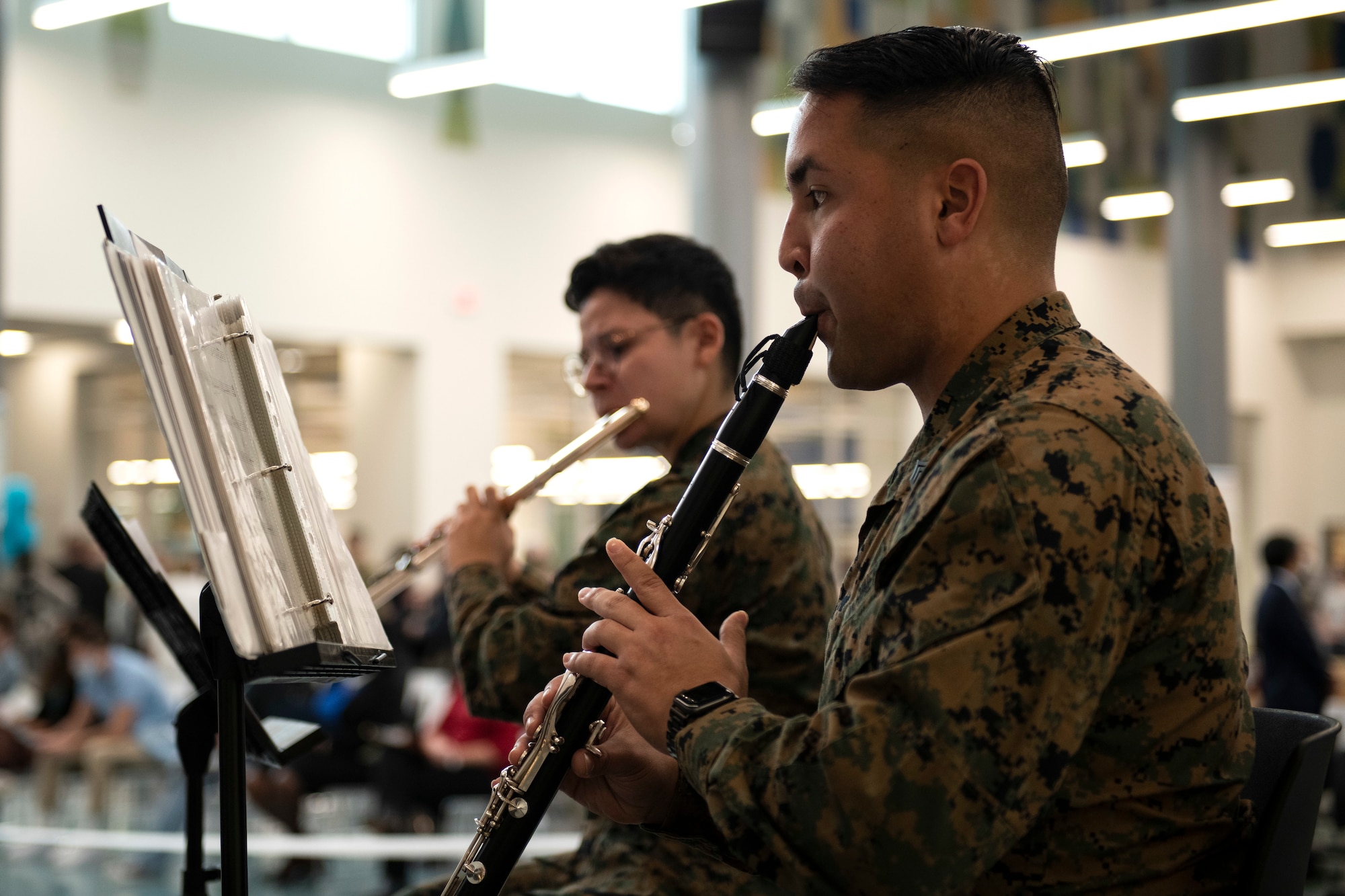 Members of the III Marine Expeditionary Force Band perform during the Bob Hope Elementary School ribbon cutting ceremony at Kadena Air Base, Japan, Nov. 9, 2021. Construction on the school began in November 2018, and the first students walked through the doors on Aug. 26, 2021. (U.S. Air Force photo by Senior Airman Jessi Monte)