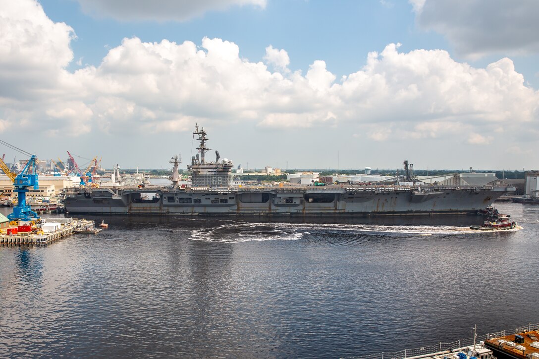USS Dwight D. Eisenhower arrives at Norfolk Naval Shipyard for its Planned Incremental Availability.