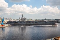 USS Dwight D. Eisenhower arrives at Norfolk Naval Shipyard for its Planned Incremental Availability.