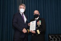 Washington, DC (November 10, 2021) -- The Department of Defense’s Distinguished Civilian Service Award was presented to Mr. James Kenny, Executive Director NAVSEA Engineering Directorate (SEA 05) by Rear Admiral Jason M. Lloyd, Chief Engineer and Deputy Commander for Ship Design, Integration and Naval Engineering,  (SEA05), in a ceremony at the Washington Navy Yard.