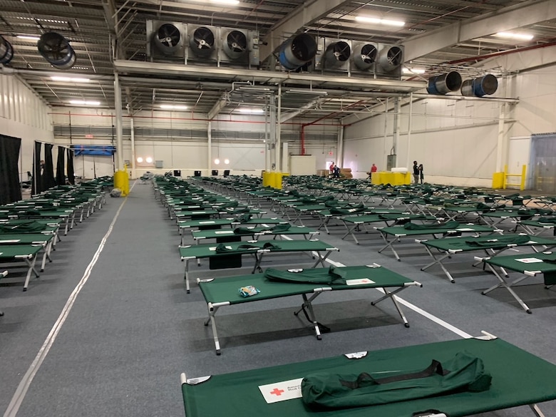 Picture shows cots in a temporary processing facility