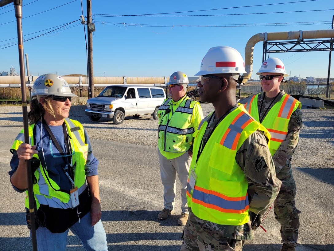 USACE Command Sergeant Major (CSM) Patrickson Toussaint (right) visited the former DuPont Chambers Works FUSRAP site in Deepwater, NJ in November 2021. The Project Delivery Team, which includes representatives from USACE, Sevensen Environmental Services, and the Ramboll Group, was recognized as the USACE Project Deliver Team of the Year.