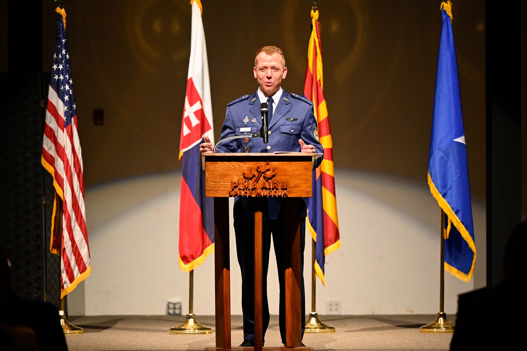 Slovak air force F-16 graduates, speaks at a ceremony at the Pima Air & Space Museum