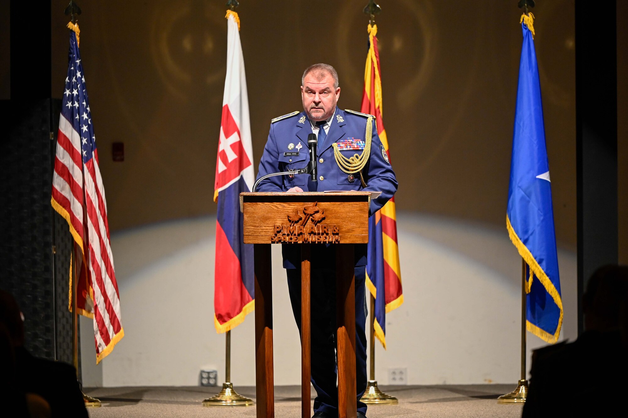 Slovak air force F-16 graduates, speaks at a ceremony at the Pima Air & Space Museum