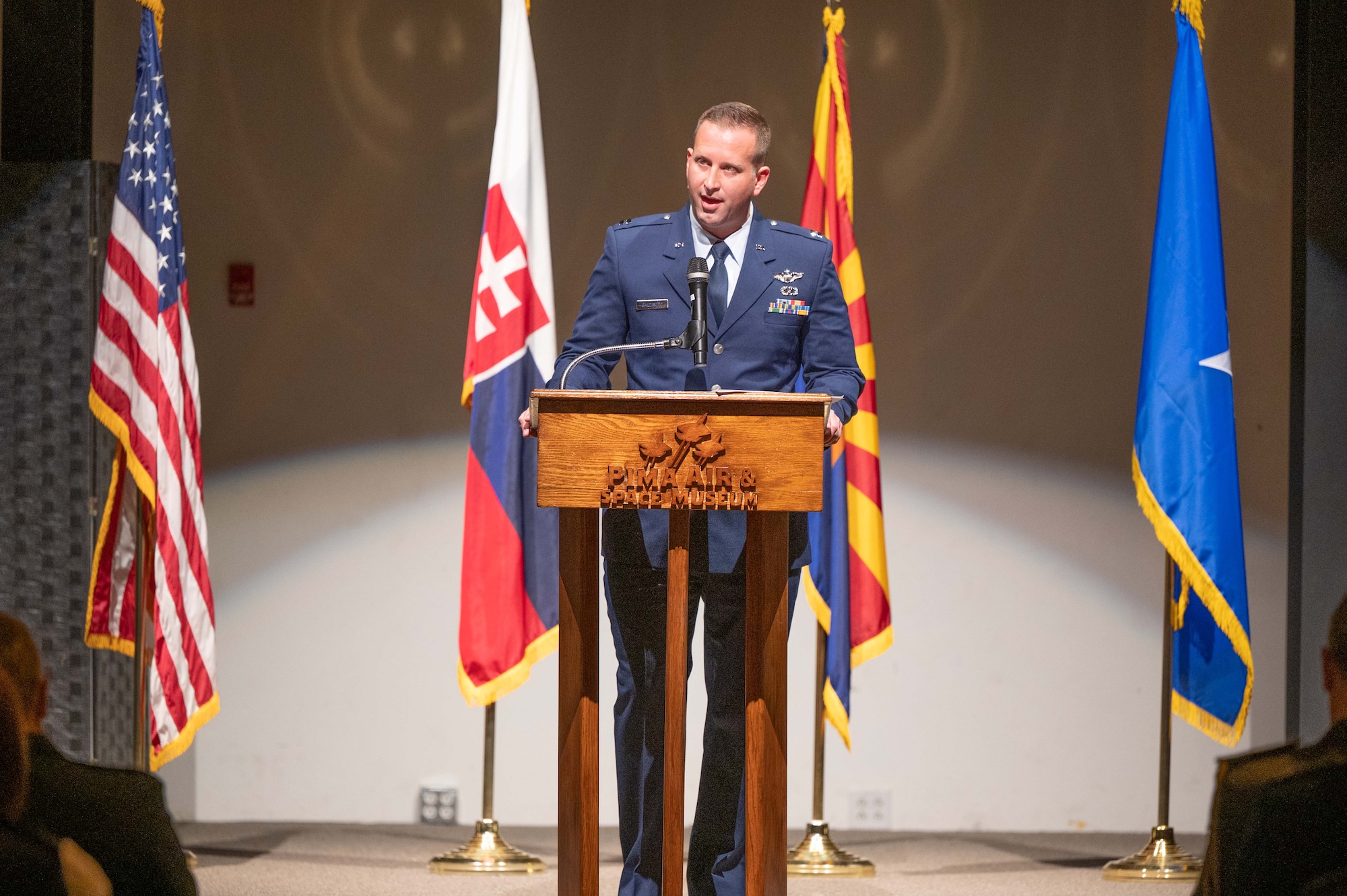 Slovak air force F-16 graduates, speaks at a ceremony at the Pima Air & Space Museum