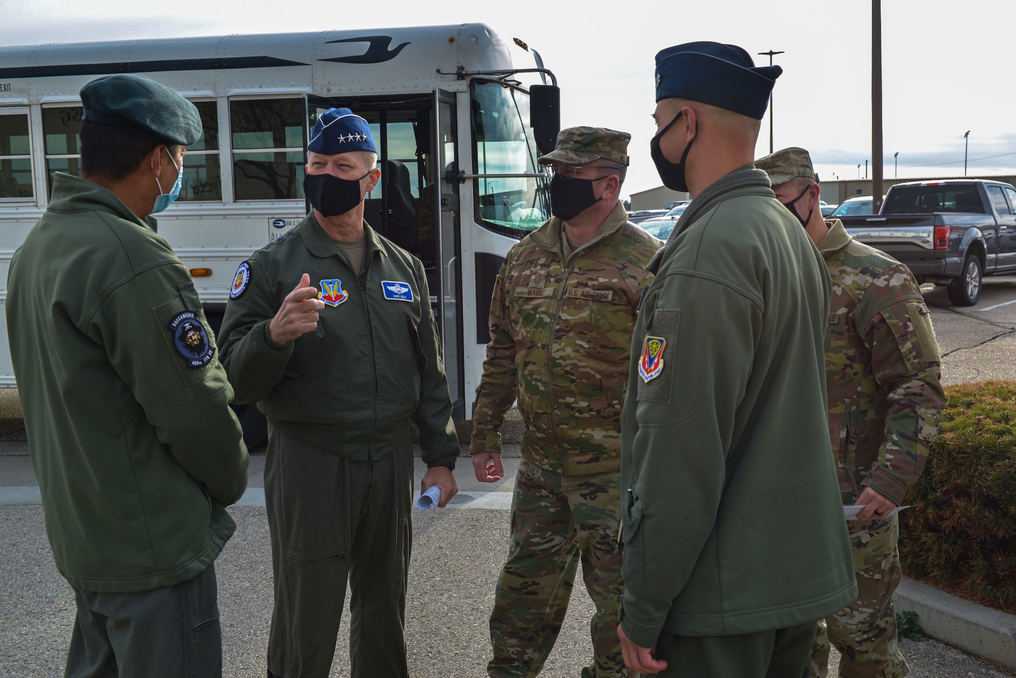 The 428th Fighter Squadron (FS) leadership, greets U.S. Air Force Gen. Mark Kelly, commander of Air Combat Command, and Command Chief Master Sgt. David Wade, Air Combat Command, during a tour of the 428th FS on Mountain Home Air Force Base, Idaho, Nov. 8, 2021. The 428th Fighter Squadron is dedicated to training aircrew from the Republic of Singapore in the F-15SG.