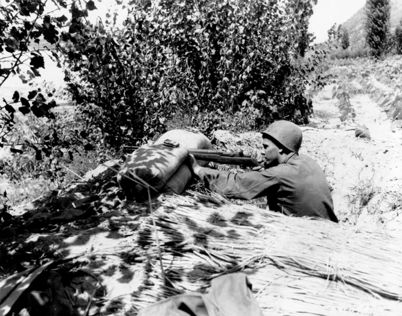 A soldier props a rifle on a sandbag near a hill and trees.