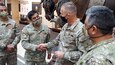 Brig. Gen. Carlos E. Bolorquez, left, 1st Multipurpose Brigade commander, Peruvian Army, meets Maj. Gen. Steven Gilland, right, III Corps and Fort Hood deputy commanding general, at Fort Hood, Texas, Nov. 17, 2021. The Peruvian Army delegation will observe U.S. Army Stryker units as part of an agreed-to-action deriving from the U.S.-Peruvian Army-to-Army Staff Talks. U.S. Army South honors the promise to create opportunities that increase collaboration, enhance interoperability, and assist in building partner nation capacity.