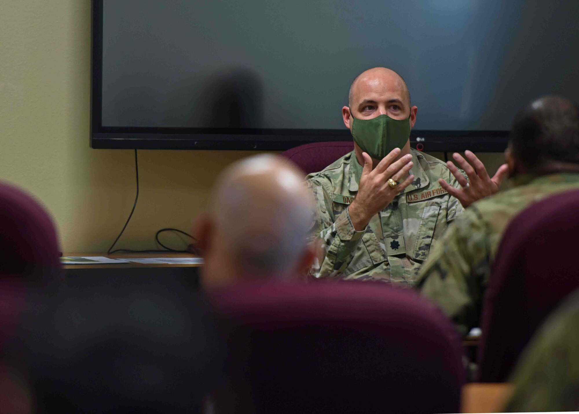 U.S. Air Force Lt. Col. Danny Dace, 17th Health Care Operations Squadron commander, shared his experiences at the Consolidated Learning Center on Goodfellow Air Force Base, Nov. 1, 2021. The Fall 2021 First Sergeant Symposium held a commander’s panel to express their expectations to future first sergeants. (U.S. Air Force photo by Airman 1st Class Sarah Williams)