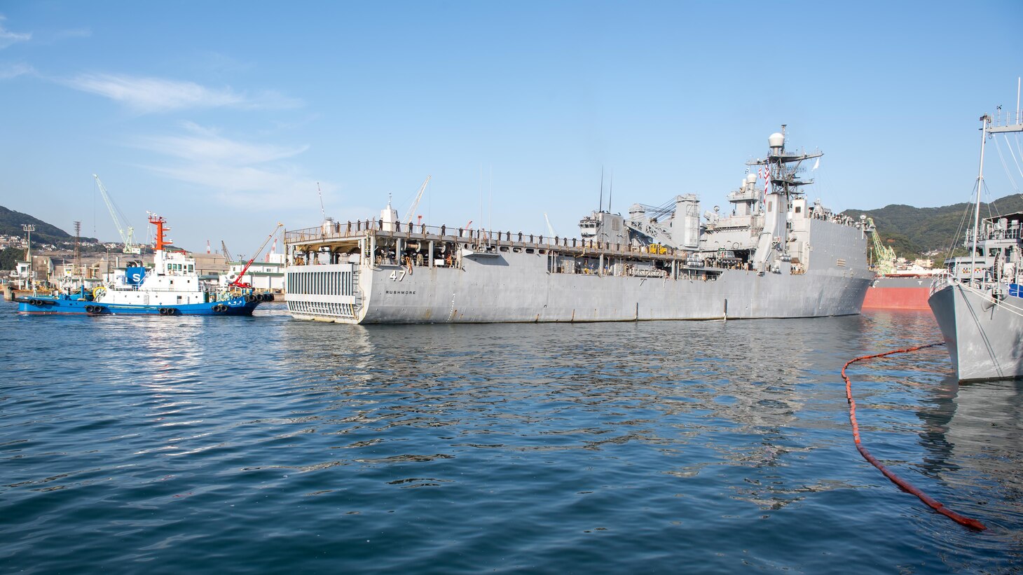 The amphibious dock landing ship USS Rushmore (LSD 47) arrives at CFAS Nov. 17, 2021 becoming the newest addition to the forward-deployed naval forces (FDNF). The Rushmore relieves another Whidbey Island-class ship, USS Germantown (LSD 42), which departed Sasebo Sept. 15, 2021 after more than a decade of FDNF service.