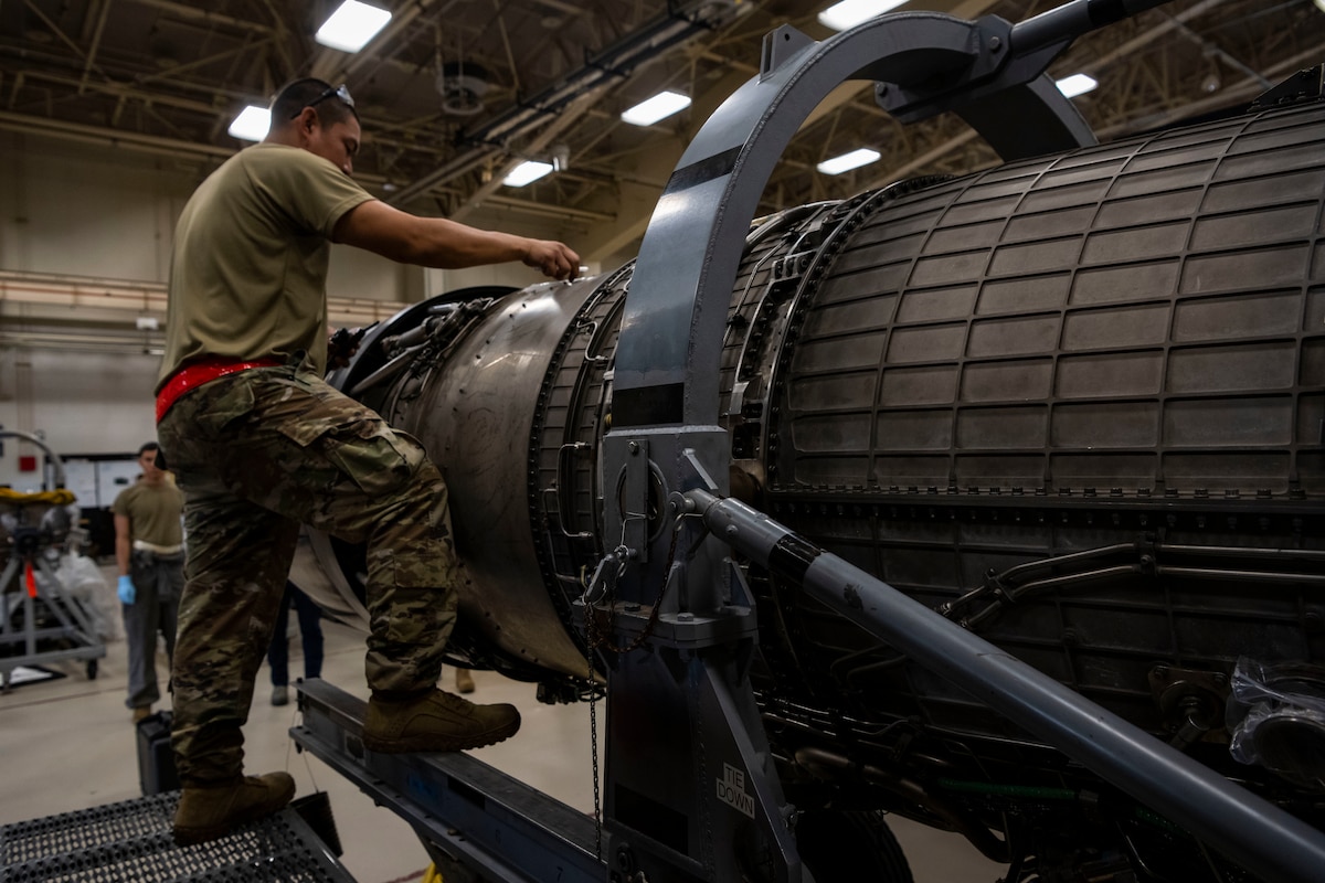 Staff Sgt. Joseph Santos, 35th Maintenance Group Propulsion Flight craftsman, works on an F-16 Fighting Falcon engine at Misawa Air Base, Japan, Oct. 25, 2021. The 35th MXG implemented the Theory of Constraints (TOC) after the decision to test TOC in MXG units was made by squadron leadership in efforts to find innovative solutions to daily issues.