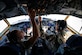 Photo of two U.S. Air Force KC-135 Stratotanker pilots performing pre-flight checks in the aircraft cockpit.