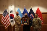 Gen. Paul J. LaCamera, UNC/CFC/USFK commander, and USFK Command Sgt. Maj. Walter A. Tagalicud, stand with Ms. Jacqueline Leeker, the U.S. Manager of the Year recipient for the 2021 USFK Civilian Employee of the Year Award Ceremony at Riverbend Golf Course on Nov. 17, 2021. (U.S. Army photos by PFC Kim, Sang-Heon)