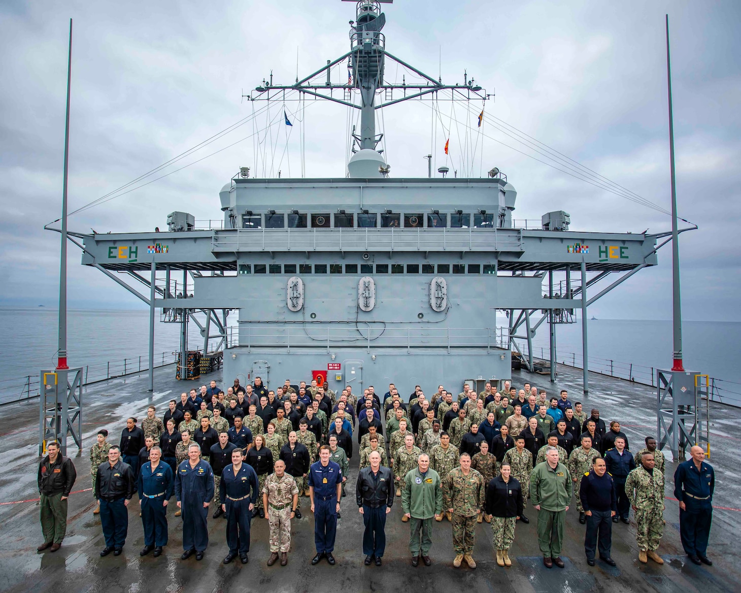 Members of U.S. Sixth Fleet (SIXTHFLT) and Naval Striking and Support Forces NATO (STRIKFORNATO), commanded by Vice Adm. Gene Black, center, pose for a photo aboard the SIXTHFLT flagship, the Blue Ridge-class command and control ship USS Mount Whitney (LCC 20).