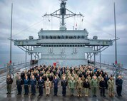 Members of U.S. Sixth Fleet (SIXTHFLT) and Naval Striking and Support Forces NATO (STRIKFORNATO), commanded by Vice Adm. Gene Black, center, pose for a photo aboard the SIXTHFLT flagship, the Blue Ridge-class command and control ship USS Mount Whitney (LCC 20).