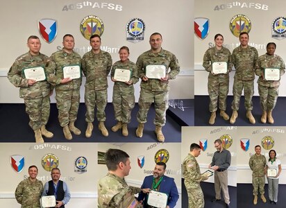 The 405th Army Field Support Brigade conducted an awards ceremony at the brigade headquarters on Daenner Kaserne in Kaiserslautern Nov. 17 to recognize brigade personnel for exceptional achievement supporting Operation Allies Refuge and Operation Allies Welcome. In addition, PCS and service awards, as well as on-the-spot and special act awards were presented.