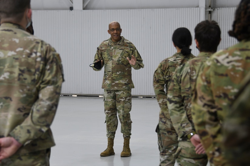 Air Force Chief of Staff Gen. CQ Brown, Jr., speaks with Airmen of the 459th Air Refueling Wing at Joint Base Andrews, Md., Nov. 17, 2021. Brown answered questions on topics including Air Force infrastructure, manning and the Total Force Integration concept. (U.S. Air Force photo by Senior Airman Spencer Slocum)