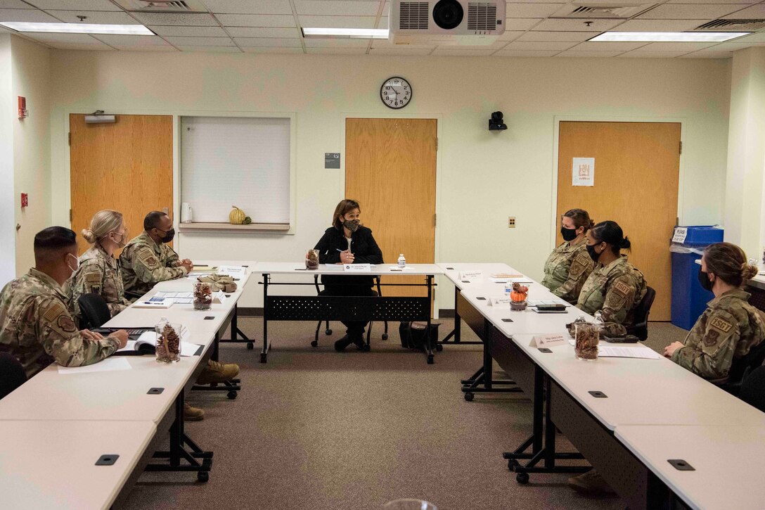 Mrs. Sharene Brown, spouse of Air Force Chief of Staff Gen. CQ Brown, Jr., (center) speaks with base first sergeants at the Military and Family Readiness Center at Joint Base Andrews, Md., Nov. 17, 2021. Mrs. Brown met with the first sergeants to provide an overview of the book 5 to Thrive and discuss Airmen and family issues, challenges and successes. (U.S. Air Force photo by Airman Matthew-John Braman)