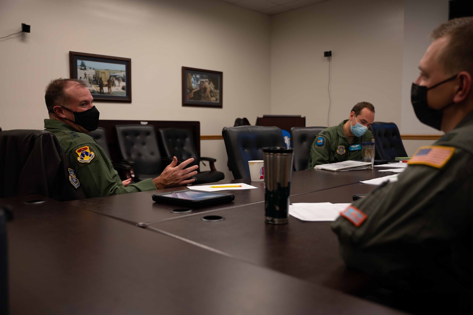 Maj. Gen. Thad Bibb, 18th Air Force commander, attends a pre-flight briefing prior to a C-5M Super Galaxy training mission at Dover Air Force Base, Delaware, Nov. 16, 2021. During his tour, Bibb, who commanded the 9th Airlift Squadron from 2006-2009, is a command pilot with more than 5,000 hours in seven different aircraft. (U.S. Air Force photo by Senior Airman Faith Schaefer)