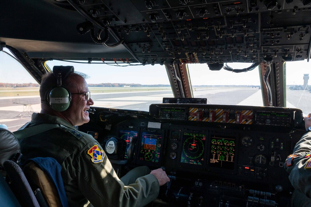 Maj. Gen. Thad Bibb, 18th Air Force commander, taxis a C-5M Super Galaxy before a local training flight at Dover Air Force Base, Delaware, Nov. 16, 2021. During his tour, Bibb, who commanded the 9th Airlift Squadron from 2006-2009, is a command pilot with more than 5,000 hours in seven different aircraft. (U.S. Air Force photo by Senior Airman Faith Schaefer)