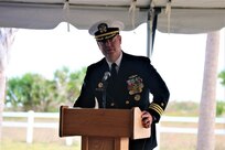 Cmdr. Timothy Shanley, outgoing USS Winston S. Churchill commanding officer, delivers emotional remarks recounting the many achievements of the crew during his time in command.