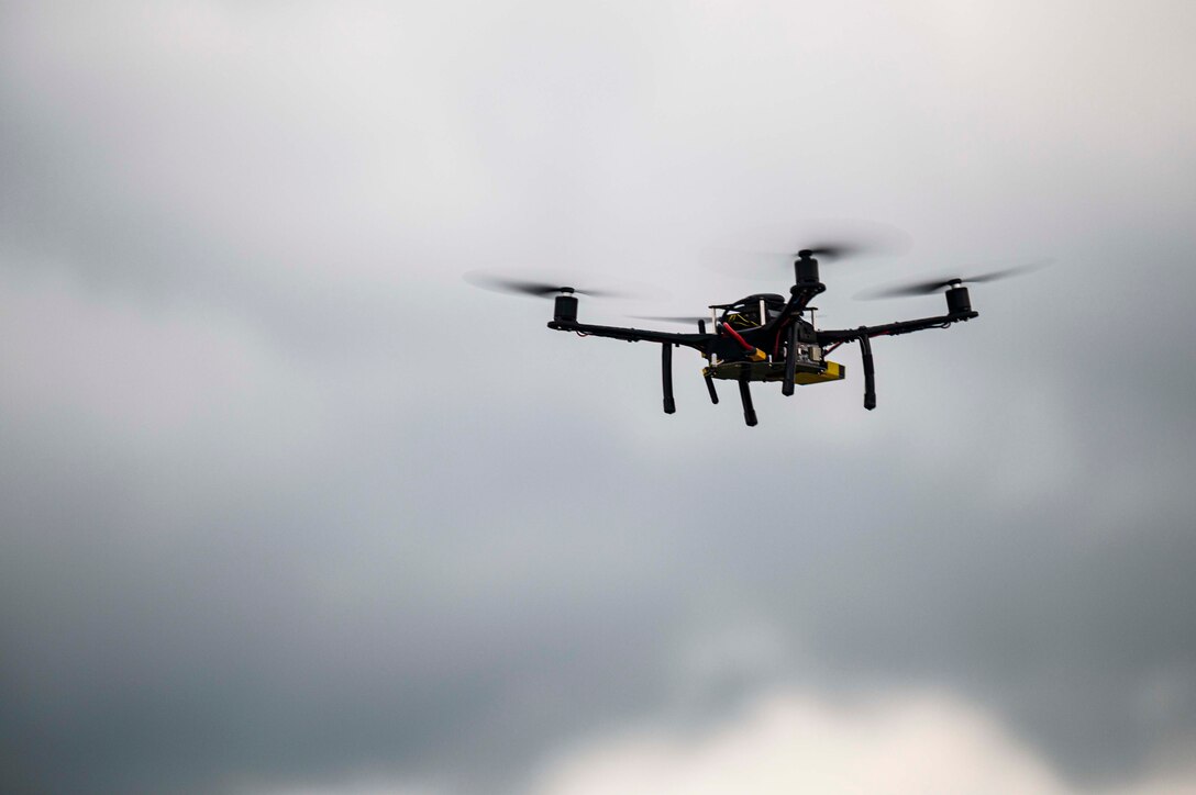 A drone flies.