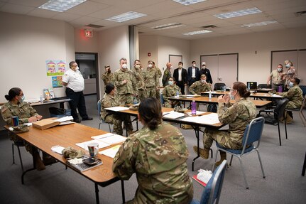 Representatives from state and federal agencies, such as the Oklahoma Army and Air National Guard, Centers for Disease Control and Prevention, the Oklahoma State Department of Health, Oklahoma State University laboratories, and the Federal Emergency Management Agency, speak to the members of the Oklahoma National Guard who are helping the Texas County Department of Health conduct COVID-19 contact tracing, May 15, 2020. As of May 19, 2020, Guymon had 650 confirmed cases of COVID-19, making it second in the total number of cases in Oklahoma. Oklahoma City, which has the highest number of COVID-19 cases, has the largest population of any city in Oklahoma, Guymon is 40th. (Oklahoma Air National Guard photo by Tech. Sgt. Kasey M. Phipps)