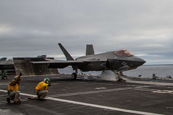 An F-35C Lightning II launches from USS Abraham Lincoln (CVN 72).