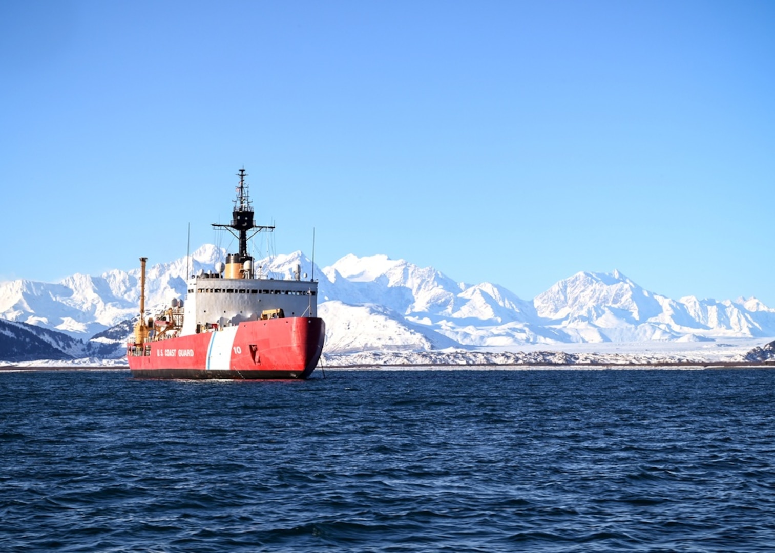 The Seattle-based Coast Guard Cutter Polar Star (WAGB 10) sits at anchor in Taylor Bay, Alaska, Feb. 10, 2020, ahead of their scheduled logistics stop in Juneau, Alaska, near the end of their months-long Arctic deployment. In addition to Polar Star's strategic national security objectives, the nation's sole heavy icebreaker sailed north with scientists and researchers aboard to better understand how to operate year-round in Arctic waters. U.S. Coast Guard photo by Petty Officer 1st Class Cindy Oldham.