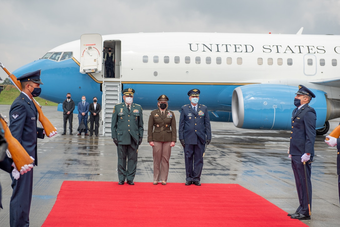 U.S. Army Gen. Laura Richardson, commander of U.S. Southern Command, is greeted with honors upon arrival to Colombia.