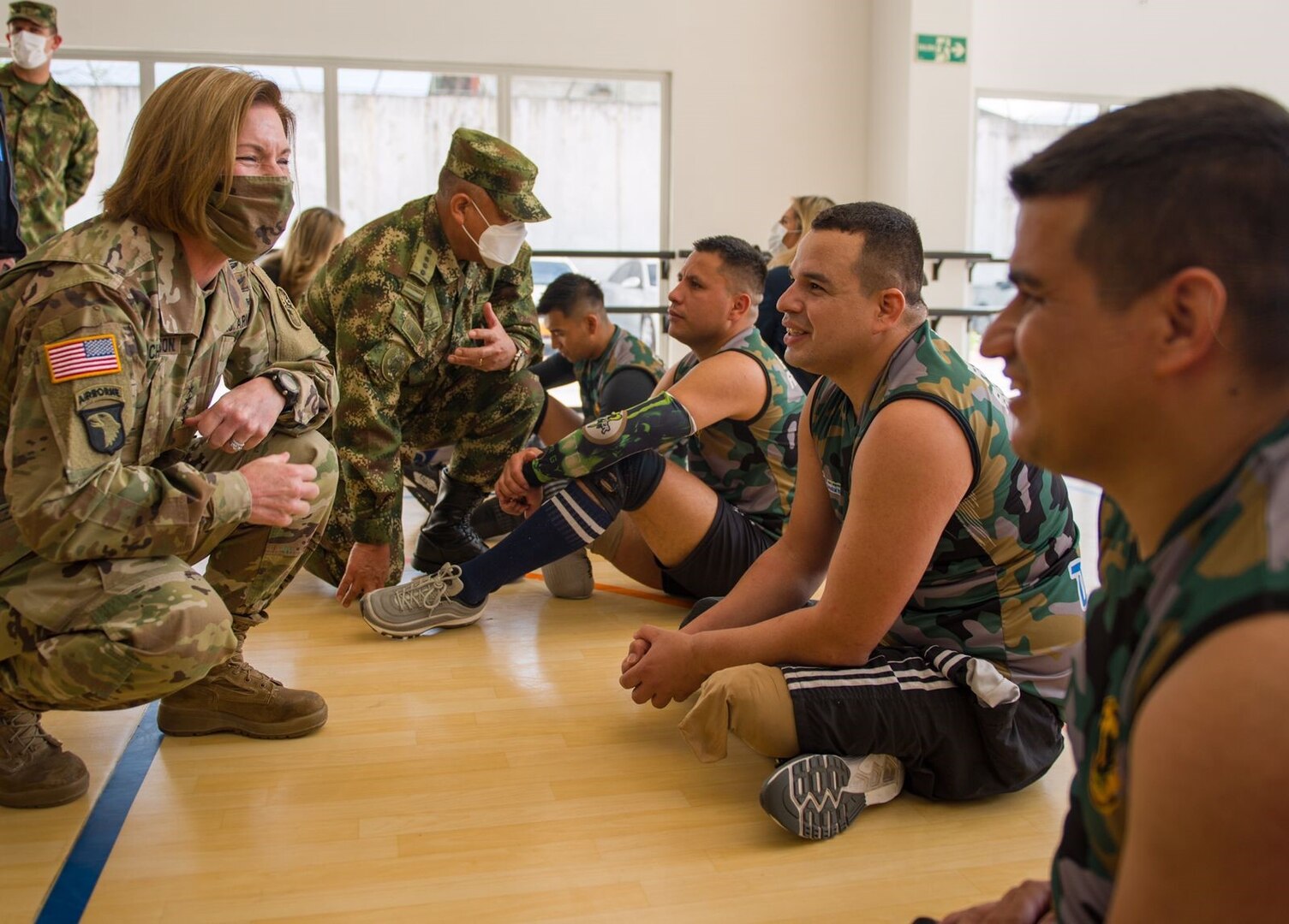 U.S. Army Gen. Laura Richardson, commander of U.S. Southern Command, meets with Colombian wounded warriors during a visit to the Centro de Rehabilitación Inclusiva, a military rehabilitation facility.