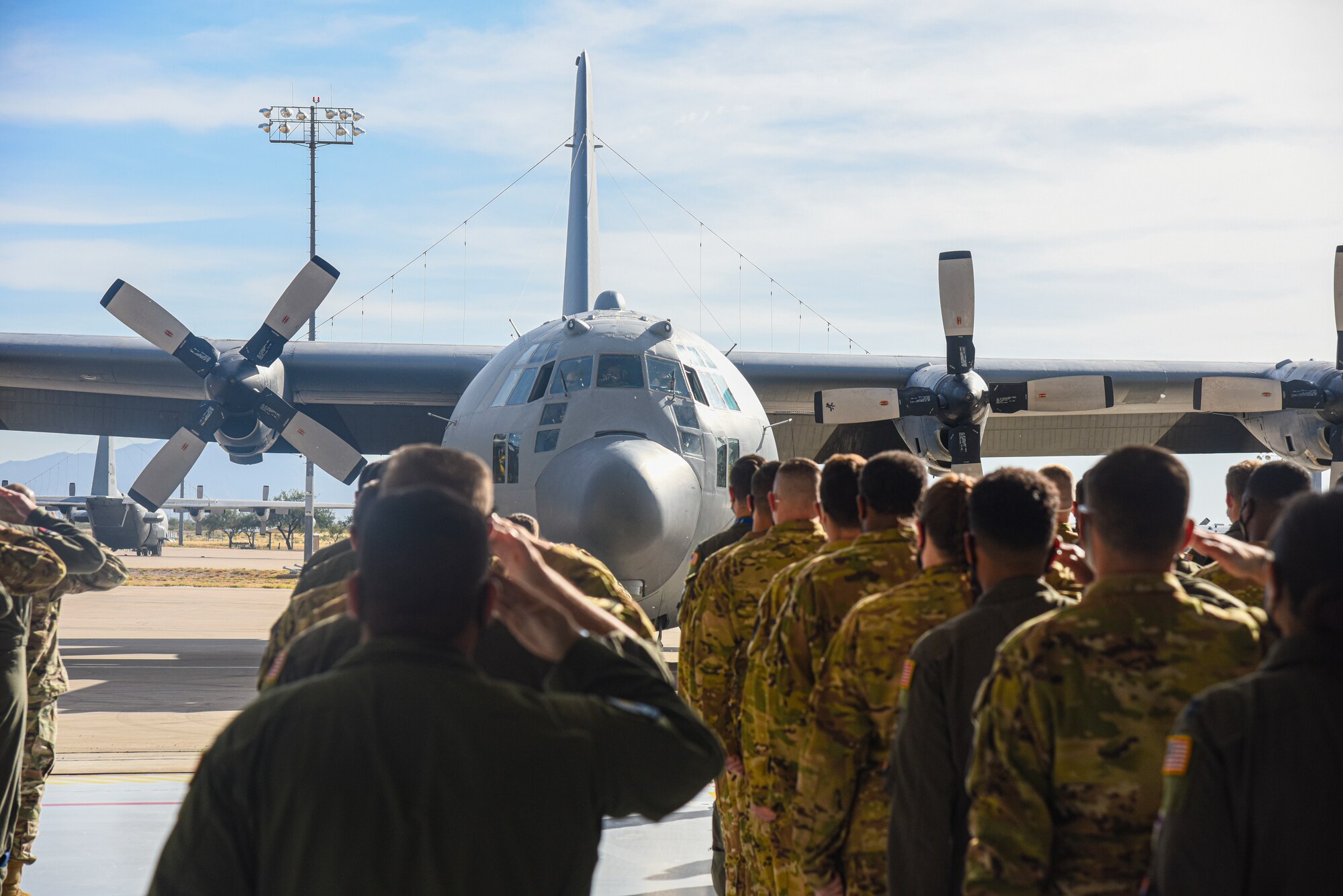 Pictured above is a group of people saluting a parked aircraft.