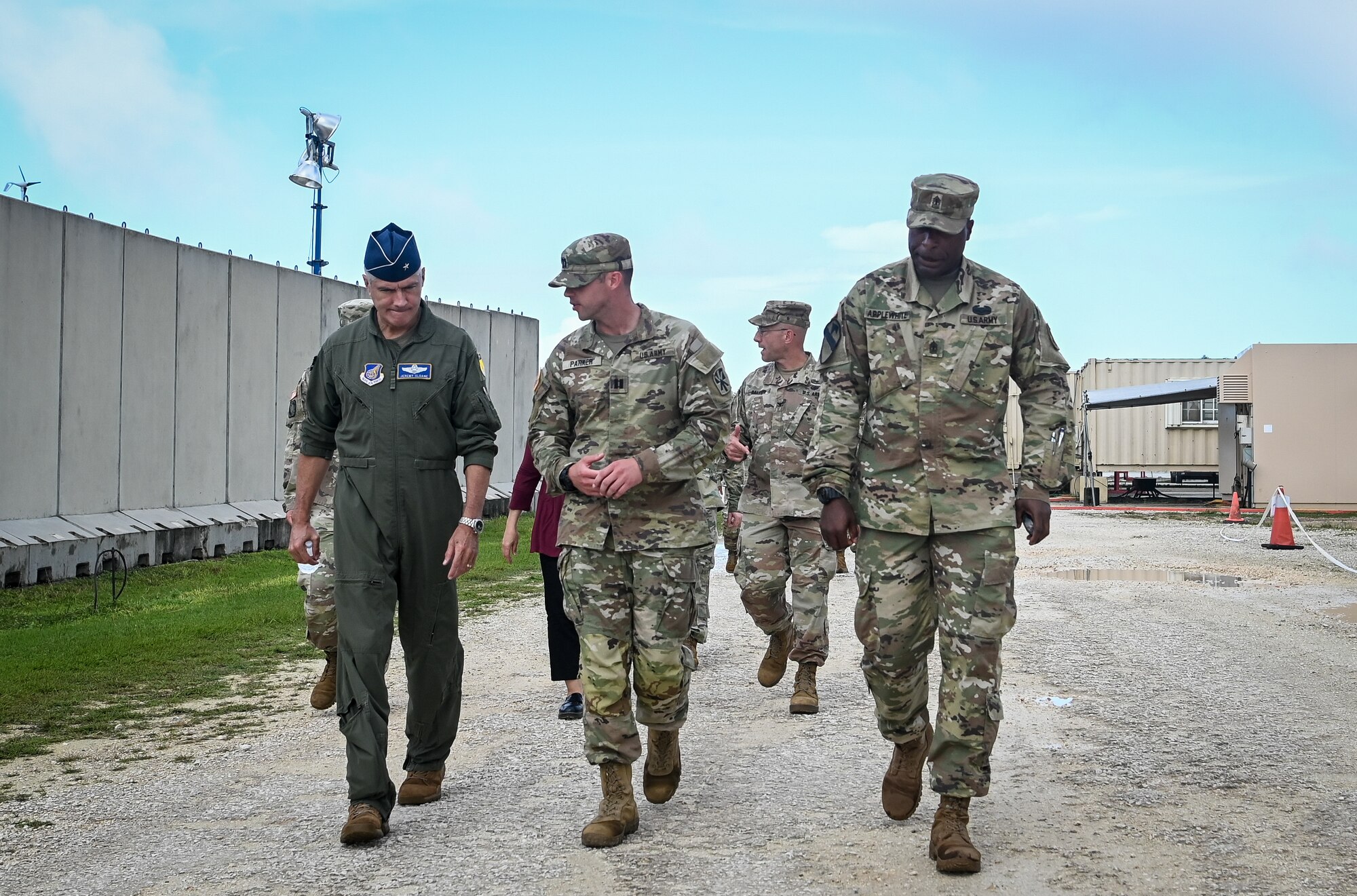 U.S. Air Force Brig. Gen. Jeremy Sloane, commander of the 36th Wing, meets with U.S. Army soldiers assigned to the 38th Air Defense Artillery Brigade, during Operation Iron Island at Site Armadillo, Nov. 17, 2021.