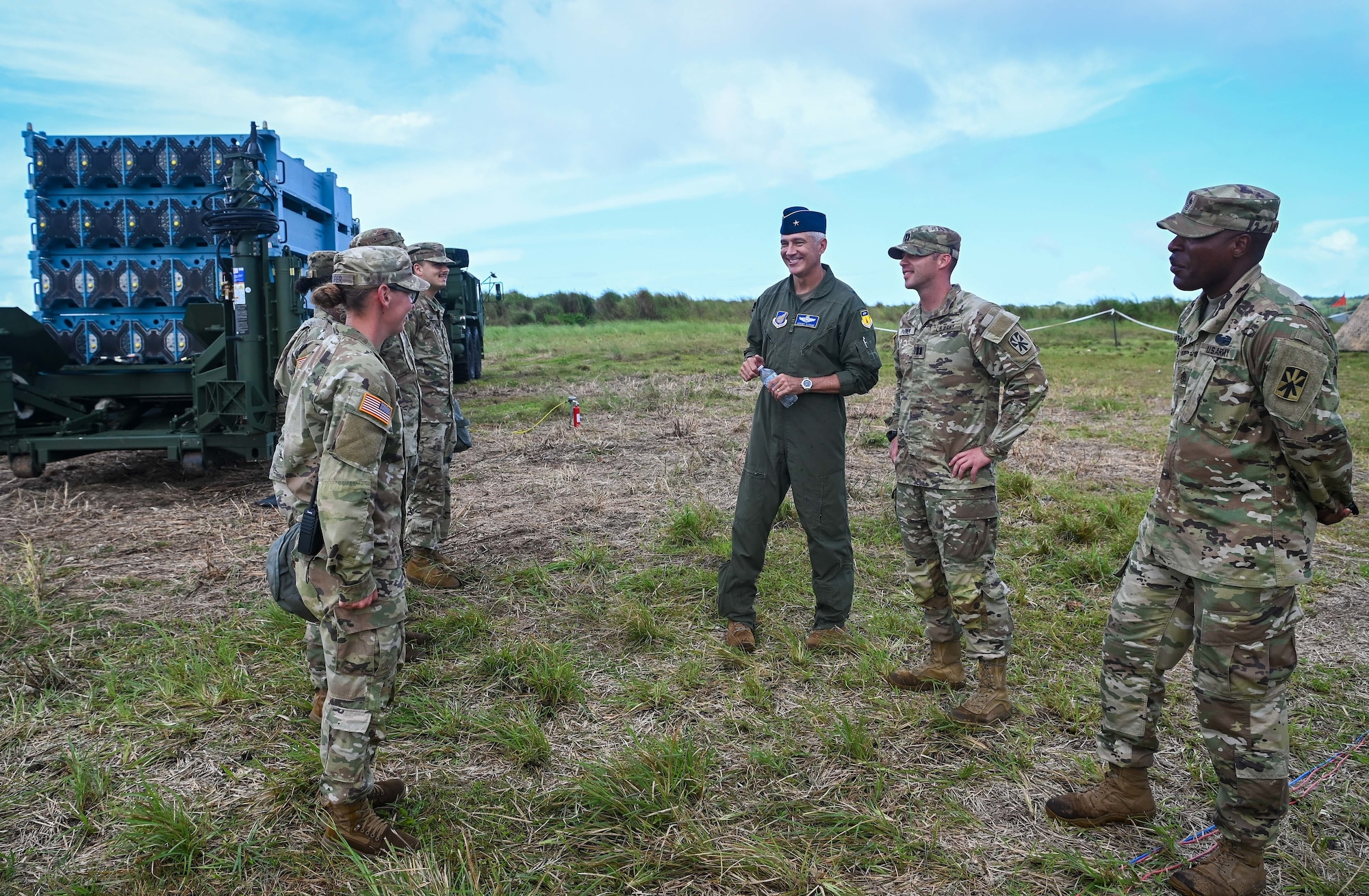 U.S. Air Force Brig. Gen. Jeremy Sloane, commander of the 36th Wing, meets with U.S. Army soldiers assigned to the 38th Air Defense Artillery Brigade, during Operation Iron Island at Site Armadillo, Nov. 17, 2021.