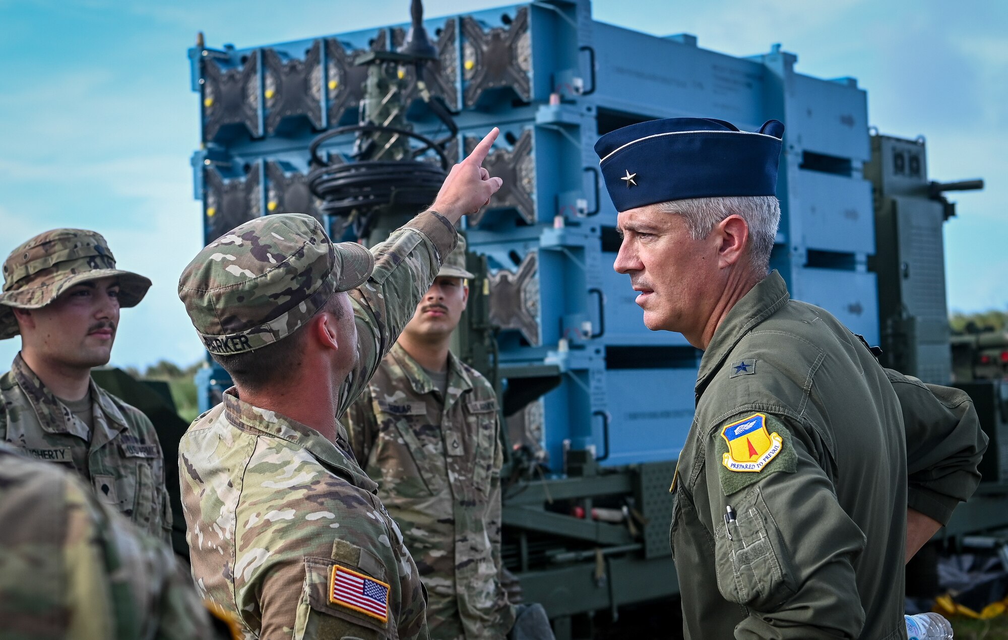 U.S. Air Force Brig. Gen. Jeremy Sloane, commander of the 36th Wing, meets with U.S. Army soldiers assigned to the 38th Air Defense Artillery Brigade, during Operation Iron Island at Site Armadillo, Nov. 17, 2021.