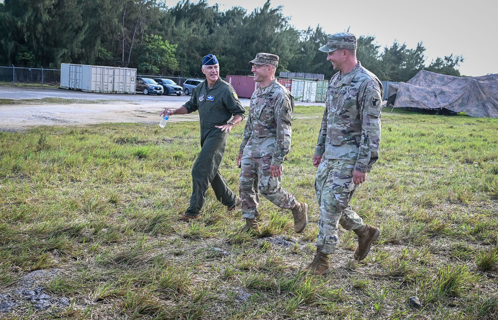 U.S. Air Force Brig. Gen. Jeremy Sloane, commander of the 36th Wing, speaks with U.S. Army Col. Matthew Dalton, commander of the 38th Air Defense Artillery Brigade, during Operation Iron Island at Site Armadillo, Nov. 17, 2021.