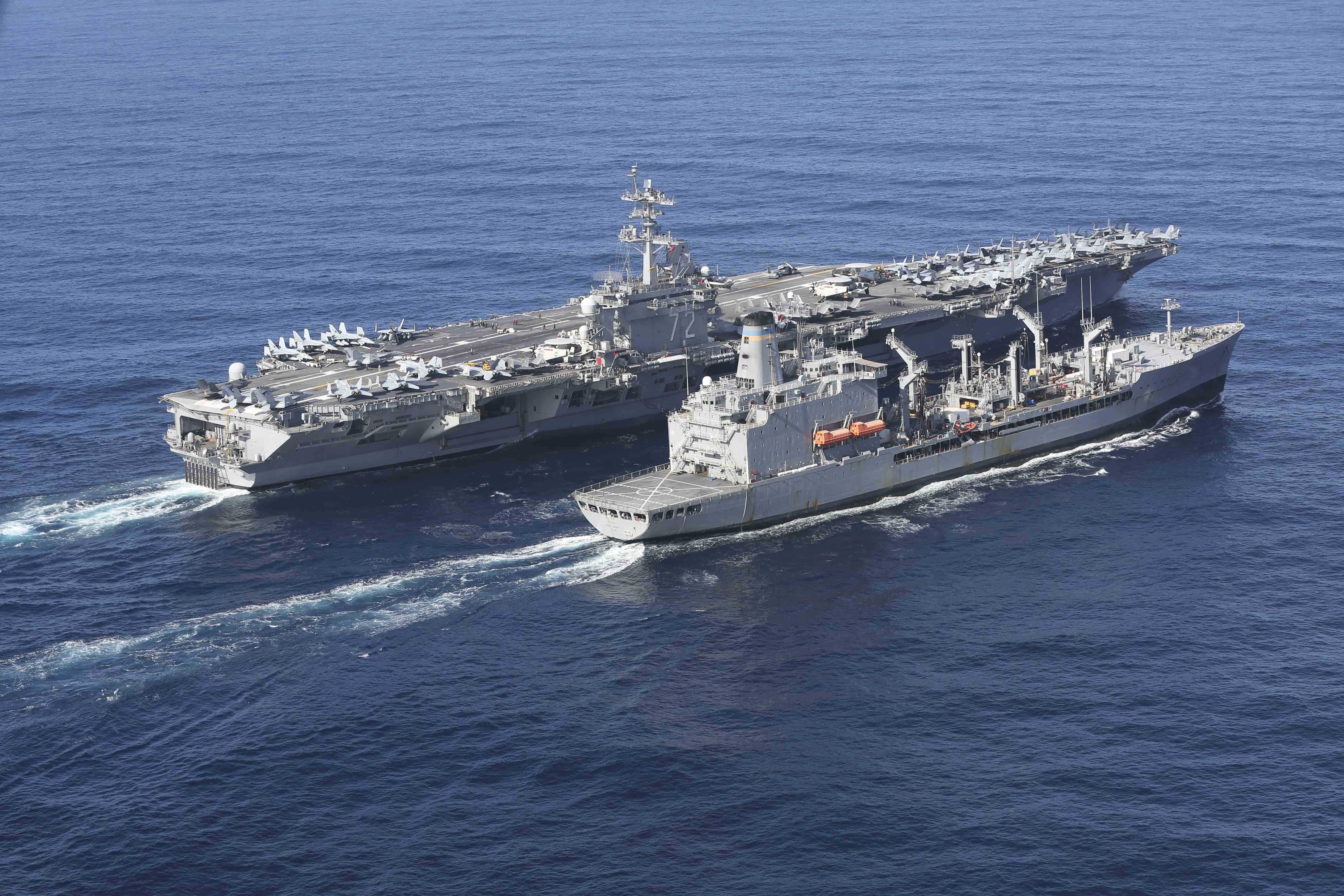 The Maritime Sealift Command fleet replenishment oiler USNS Henry J. Kaiser (T-AO 187) conducts a replenishment-at-sea with the aircraft carrier USS Abraham Lincoln (CVN 72). Abraham Lincoln is underway conducting routine operations in the U.S. 3rd Fleet.