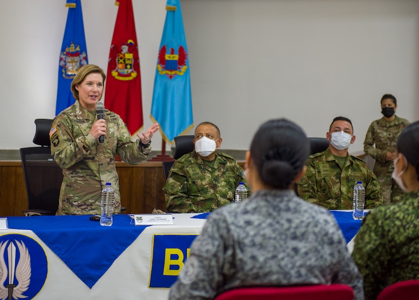 U.S. Army Gen. Laura Richardson, commander of U.S. Southern Command, addresses Colombian service members during a discussion on the implementation of the Women Peace and Security initiative.