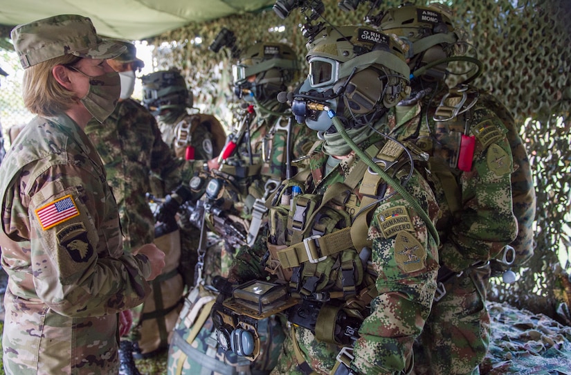 U.S. Army Gen. Laura Richardson, commander of U.S. Southern Command, meets with Colombian service members during a visit to Colombia’s Fort Tolemaida.