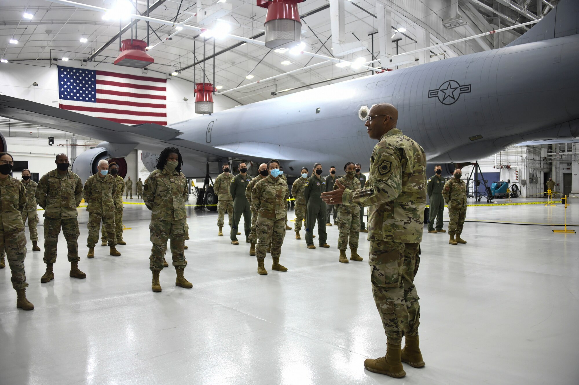 Air Force Chief of Staff Gen. CQ Brown, Jr., speaks with Airmen at the 459th Air Refueling Wing at Joint Base Andrews, Md., Nov. 17, 2021. Brown answered questions on topics including Air Force infrastructure, manning and  the Total Force Integration concept. (U.S. Air Force photo by Senior Airman Spencer Slocum)