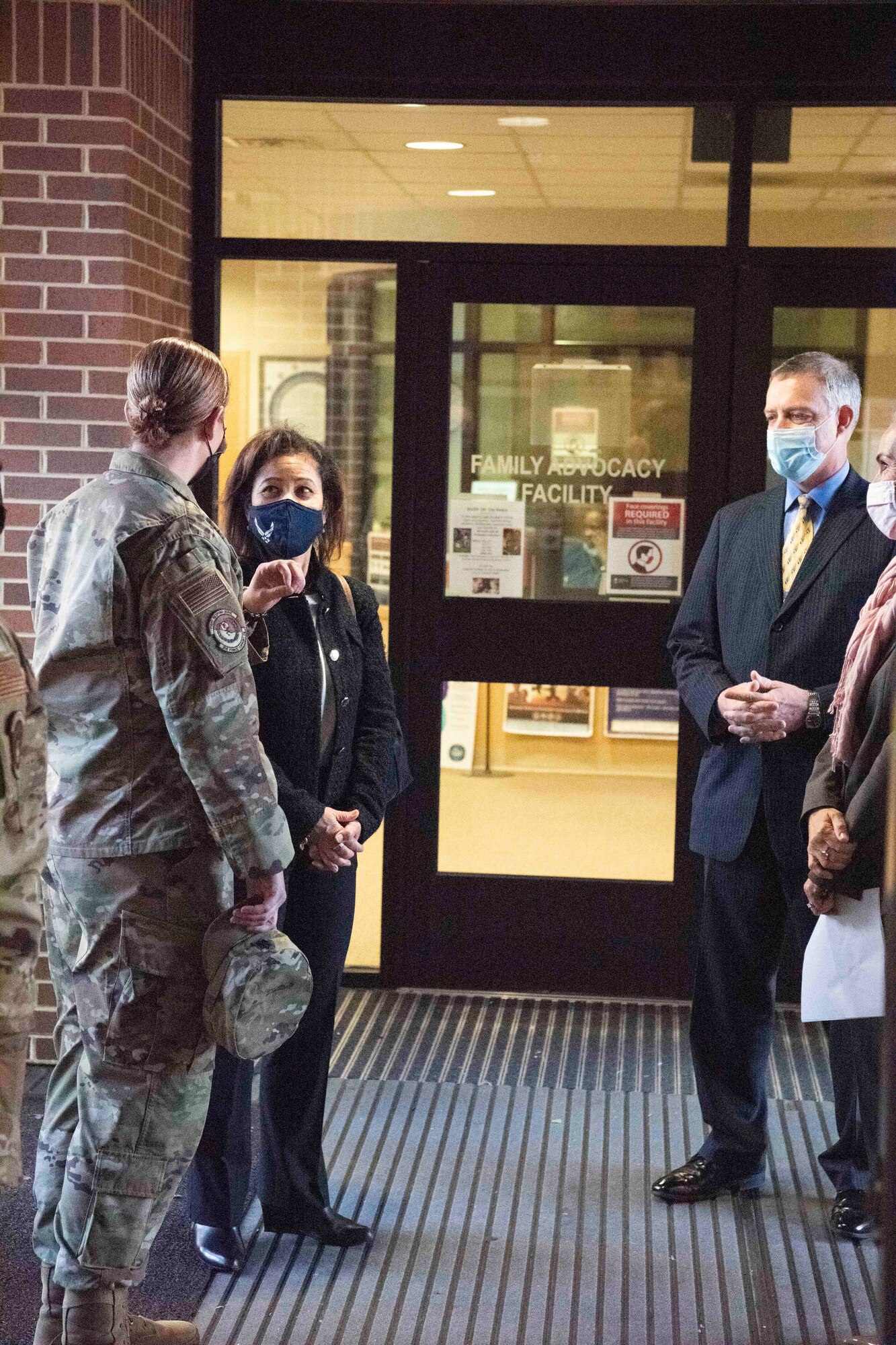 Mrs. Sharene Brown, spouse of Air Force Chief of Staff Gen. CQ Brown, Jr., (middle-left) greets staff at the Military and Family Readiness Center at Joint Base Andrews, Md., Nov. 17, 2021. Mrs. Brown met with 316th Wing and group spouses, first sergeants, and Exceptional Family Member Program families to discuss their perspectives on issues, challenges, and successes across the Air Force. (U.S. Air Force photo by Airman Matthew-John Braman)