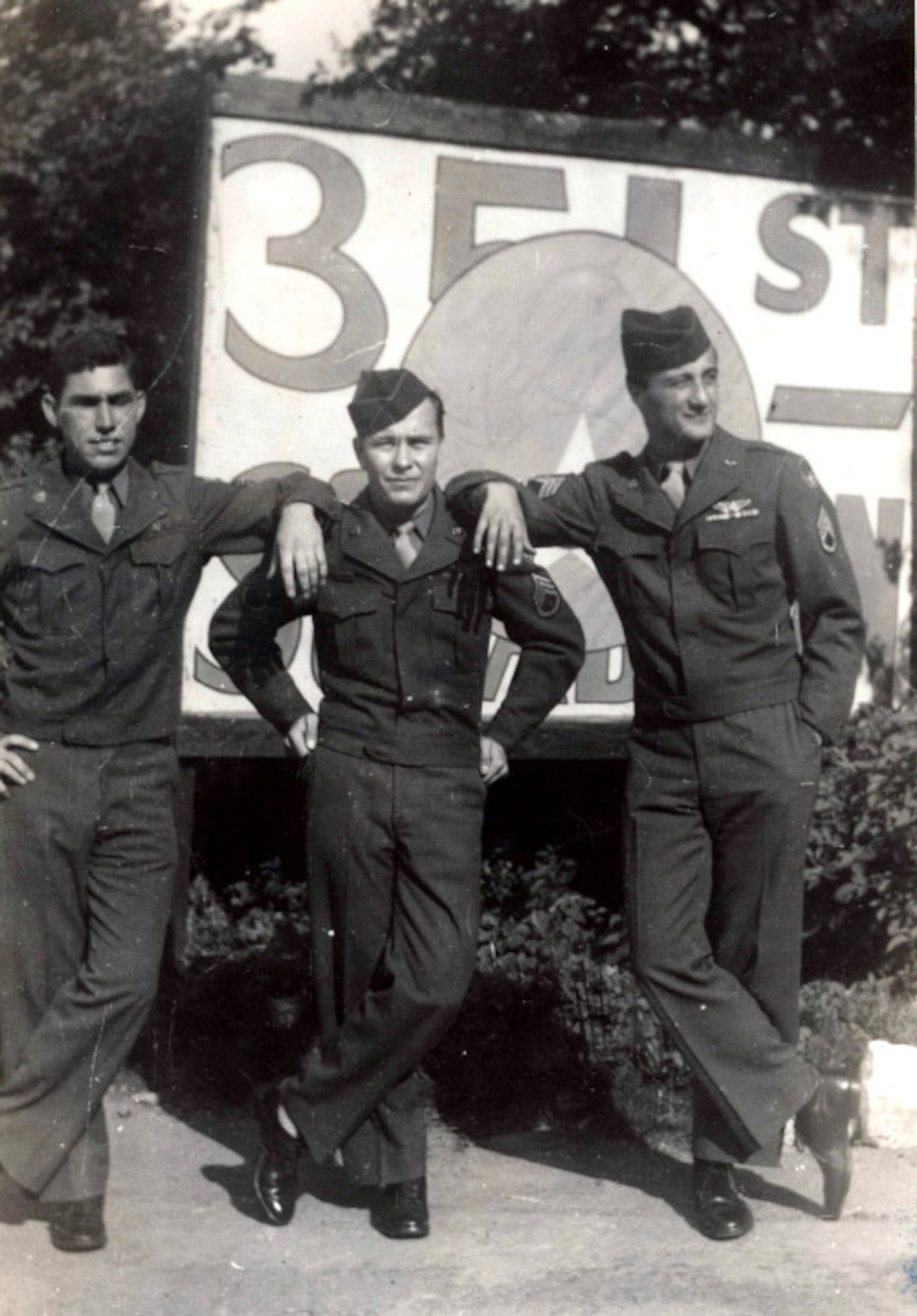 Joe Urice, left, Algie Davenport, center, and Rueben Laskow, 351st Bomb Squadron Airmen, pose for a photo at the 100th Bomb Group, Thorpe Abbotts, Norfolk, England, in 1945. Urice, World War II survivor, attended the 100th Bomb Group reunion in Dallas, Texas, Oct. 28 to 31, 2021. The reunion, held every other year in a different location around the U.S., brings together the few remaining survivors, their families, and Airmen from the 100th Air Refueling Wing at Royal Air Force Mildenhall, England. (Photo courtesy of Joe Urice and the 100th Bomb Group Foundation)